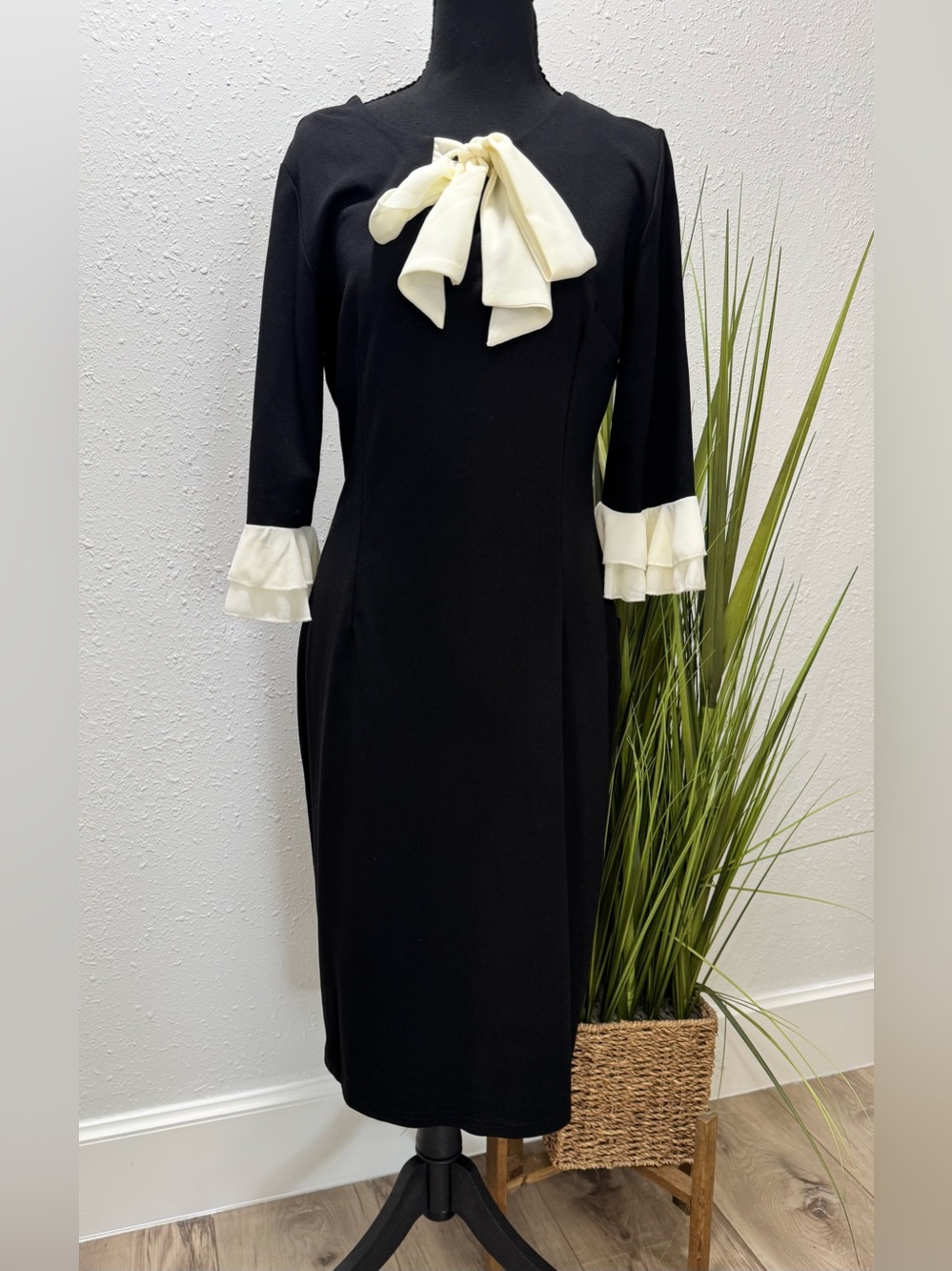 Black Midi Dress with Cream Bow & Tiered Cuff Detail